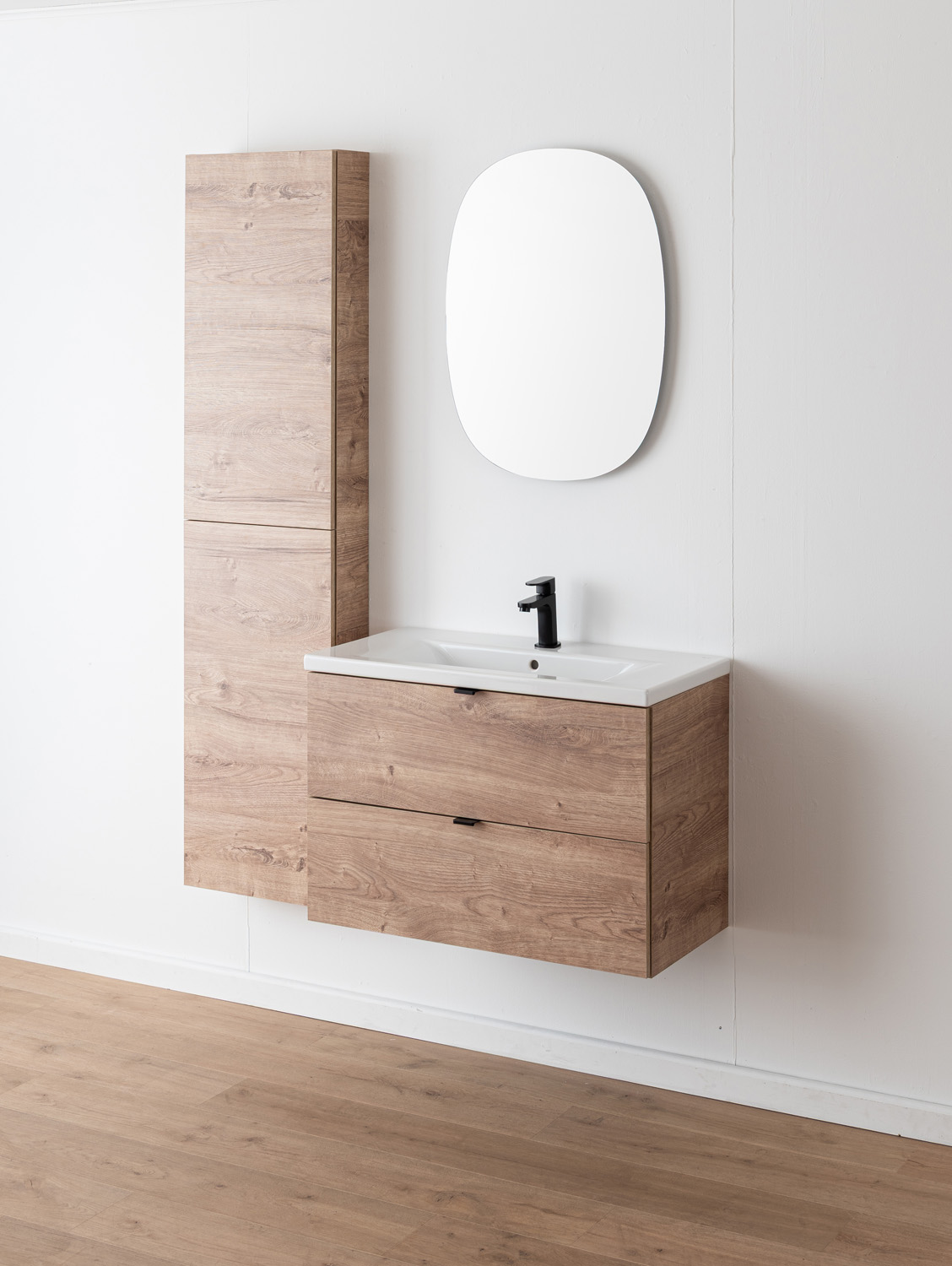 Badkamermeubel Raf honingeik hangend met enkele wastafel glanzend wit 80cm