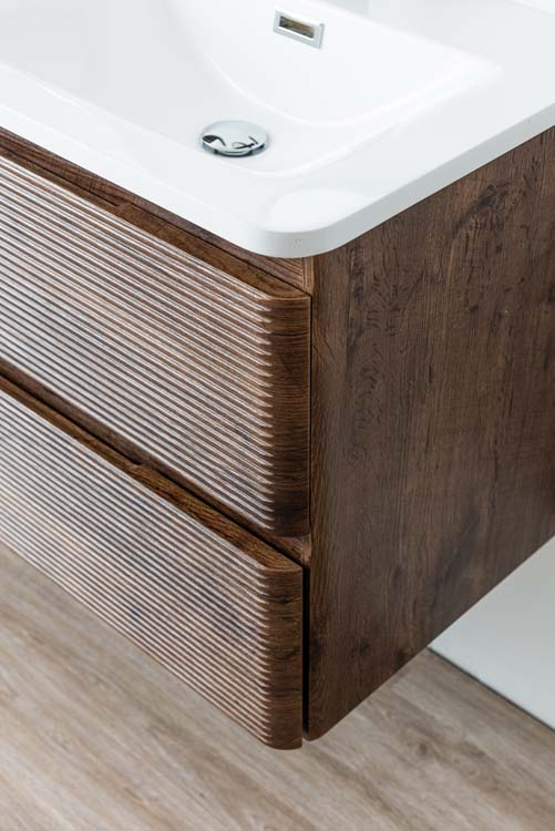 Meuble de salle de bains Jelte noyer suspendu avec lavabo double en marbre minéral blanc brillant 120cm