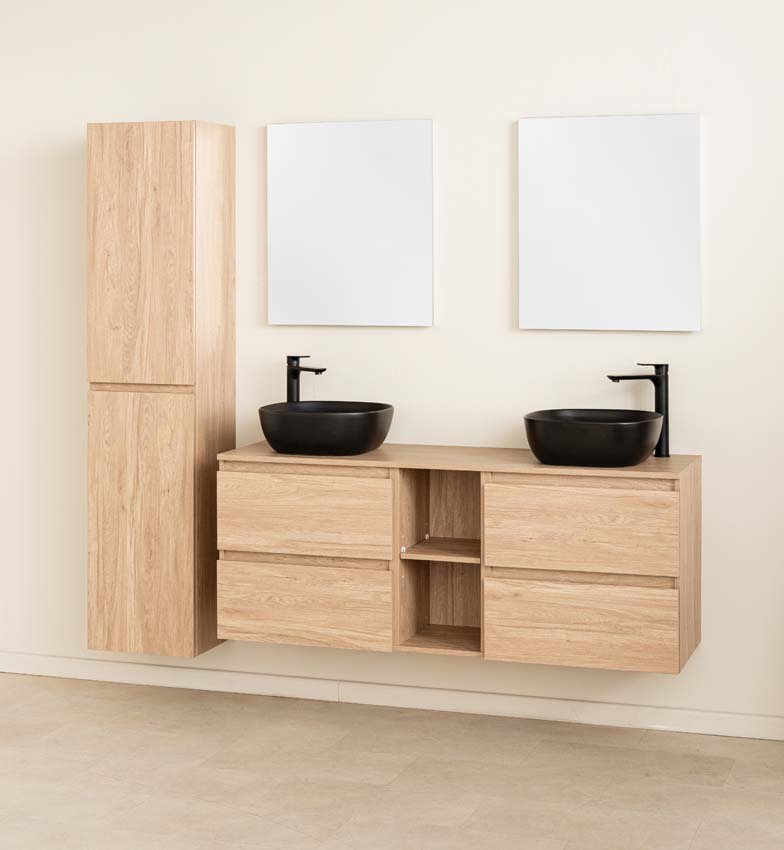 Meuble de salle de bain Bella aspect chêne 1500 mm lavabo double noir mat Meuble de salle de bain Bella aspect chêne 1500 mm lavabo double noir mat