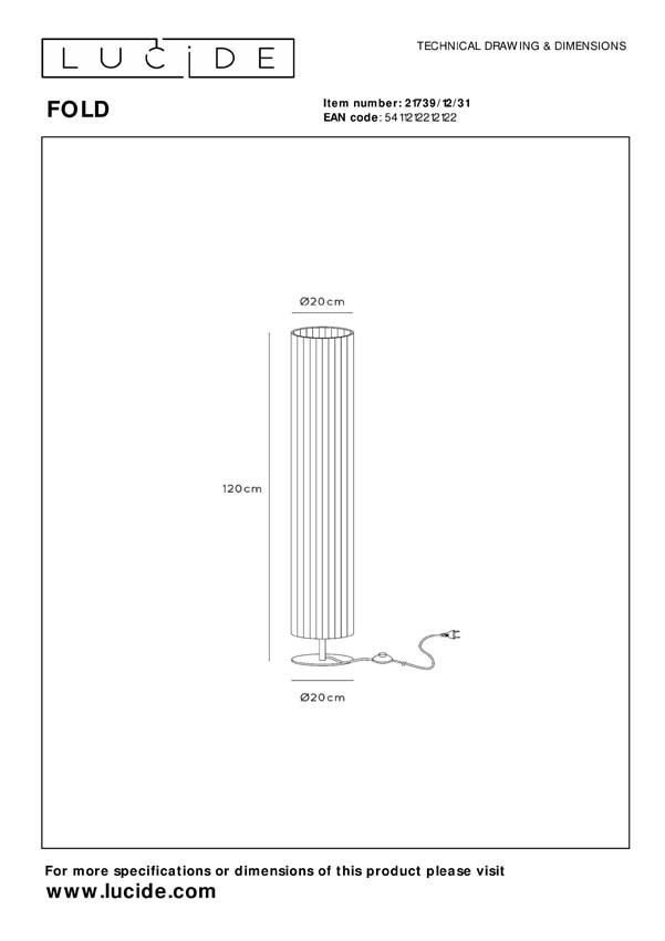 Lucide FOLD - Lampadaire - Ø 20 cm - 2xE27 - Blanc