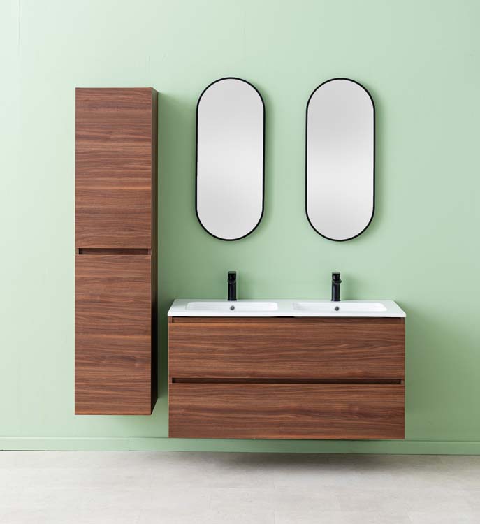 Meuble de salle de bains Dotan noyer suspendu avec lavabo double blanc brillant 120cm