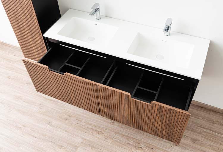 Meuble de salle de bains Willow noyer suspendu avec lavabo double blanc mat 140cm