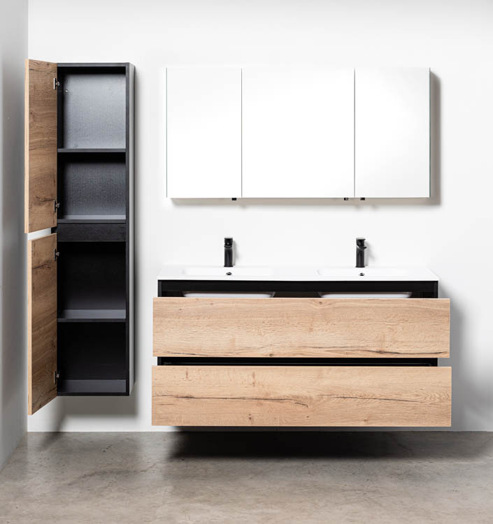 Meuble de salle de bain Dotan chêne/noir 1400 mm 2 lavabo mat