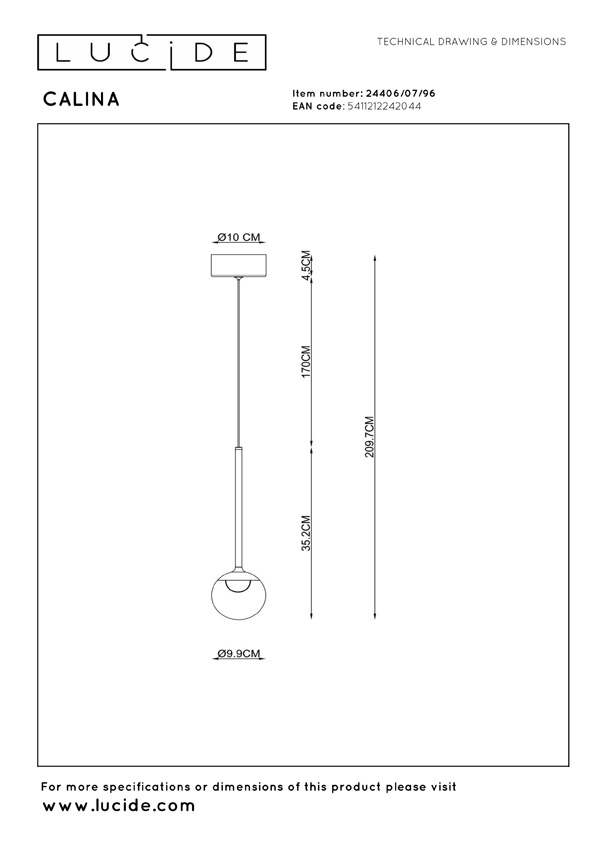 Lucide Premium Calina - Hanglamp - Ø9,9cm - LED dimbaar - CCT - 1x7W - 2200K/3300K - Met vervangbare LED-module - Koffie