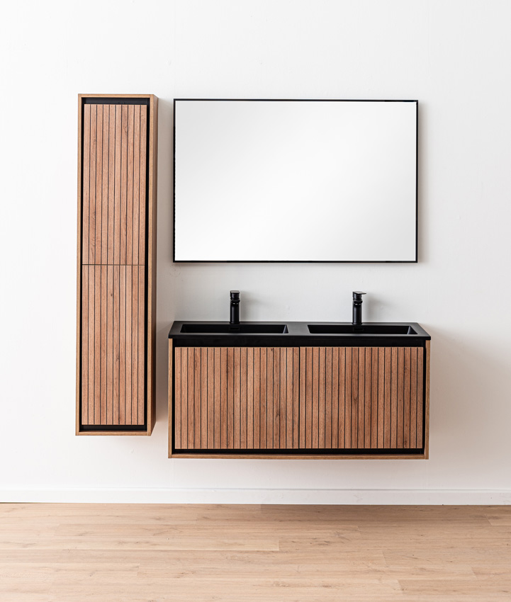 Badkamermeubel Toledo eik/zwart met dubbele wastafel mat zwart 120cm