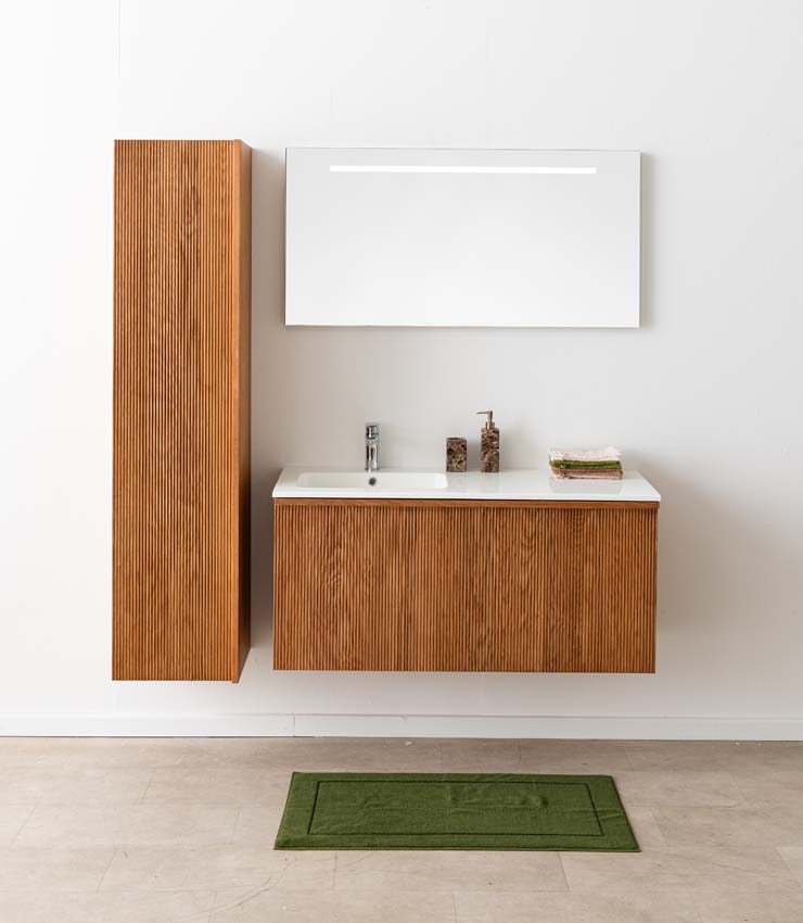 Badkamermeubel Fae eik hangend met enkele wastafel glanzend wit 120cm