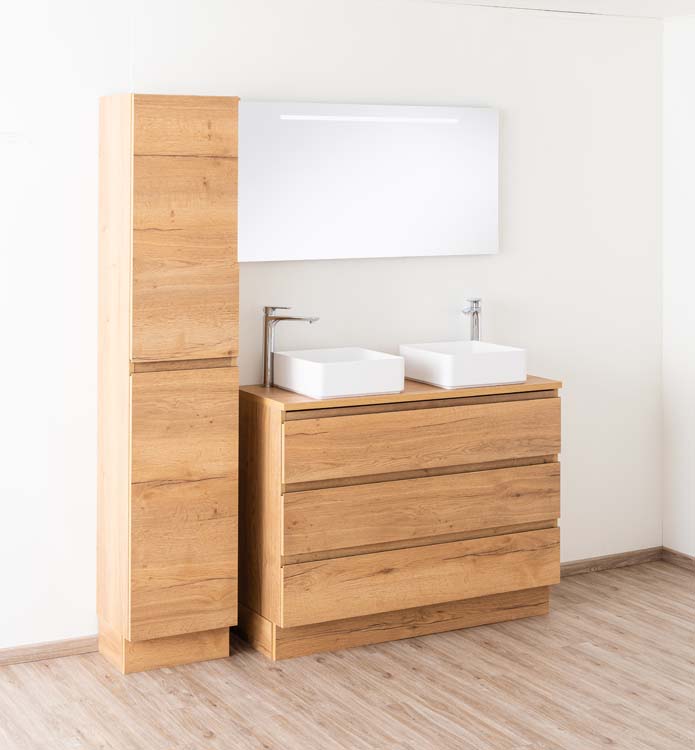 Meuble de salle de bains Daria chêne brun doré sur pied avec plateau en mélamine 120cm