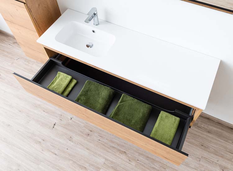 Meuble de salle de bains Daria chêne brun doré suspendu avec lavabo simple à gauche blanc brillant 140cm