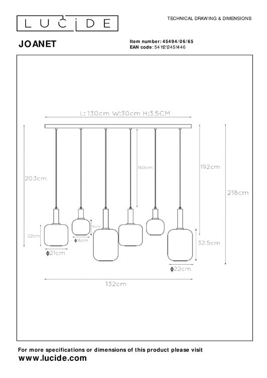 Lucide JOANET - Hanglamp - 6xE27 - Fumé