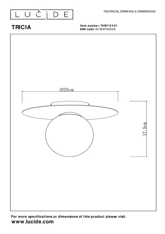 Lucide TRICIA - Plafonnier - Ø 25 cm - 1xE27 - Blanc