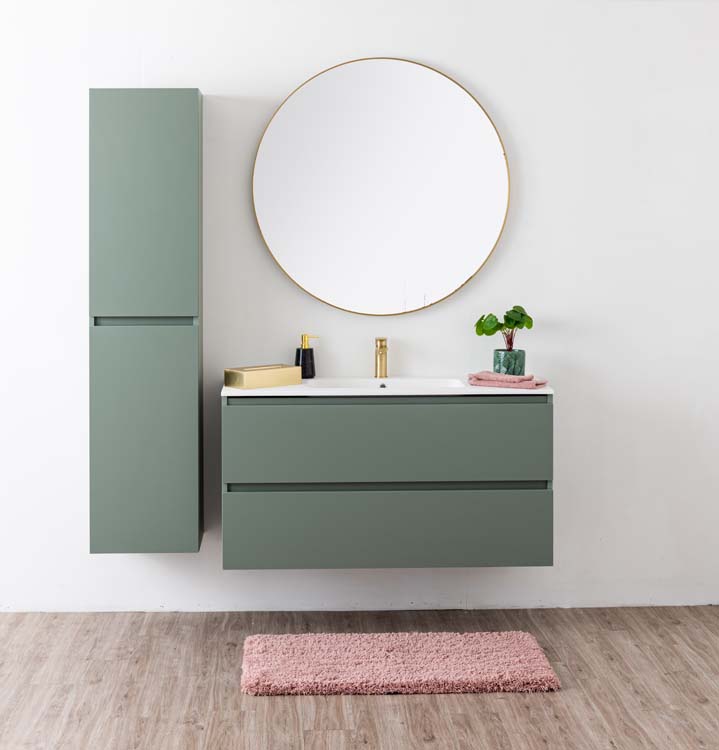 Meuble de salle de bains Dotan eucalyptus vert avec lavabo simple blanc mat 120cm