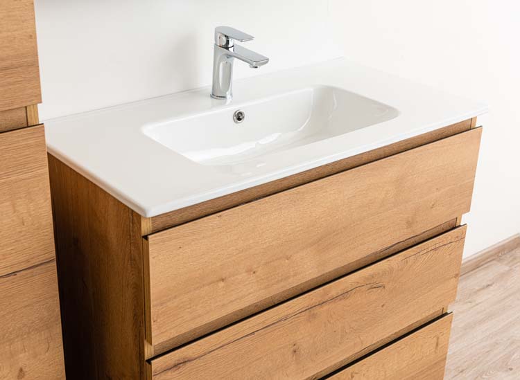 Badmeubel Daria eik goudbruin 900 mm staand wastafel porselein glans