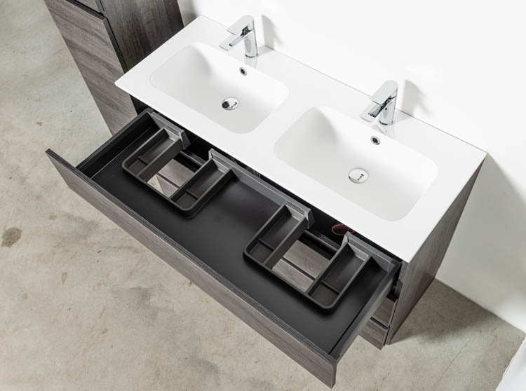 Meuble de salle de bain Dotan chêne foncé 1200 mm sur pied 2 lavabo brillant