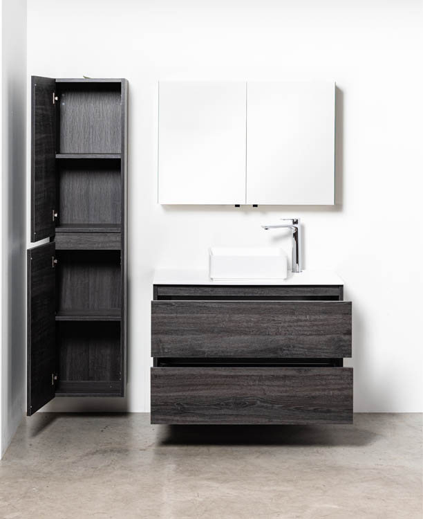 Badkamermeubel Dotan donkere eik hangend met wit melamine topblad 120cm