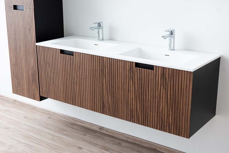 Meuble de salle de bains Willow noyer suspendu avec lavabo double blanc mat 140cm