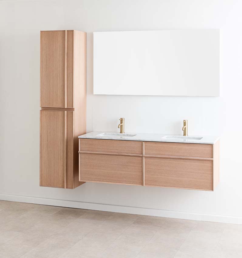 Meuble de salle de bains Felix chêne suspendu avec lavabo double effet marbre carrara 140cm