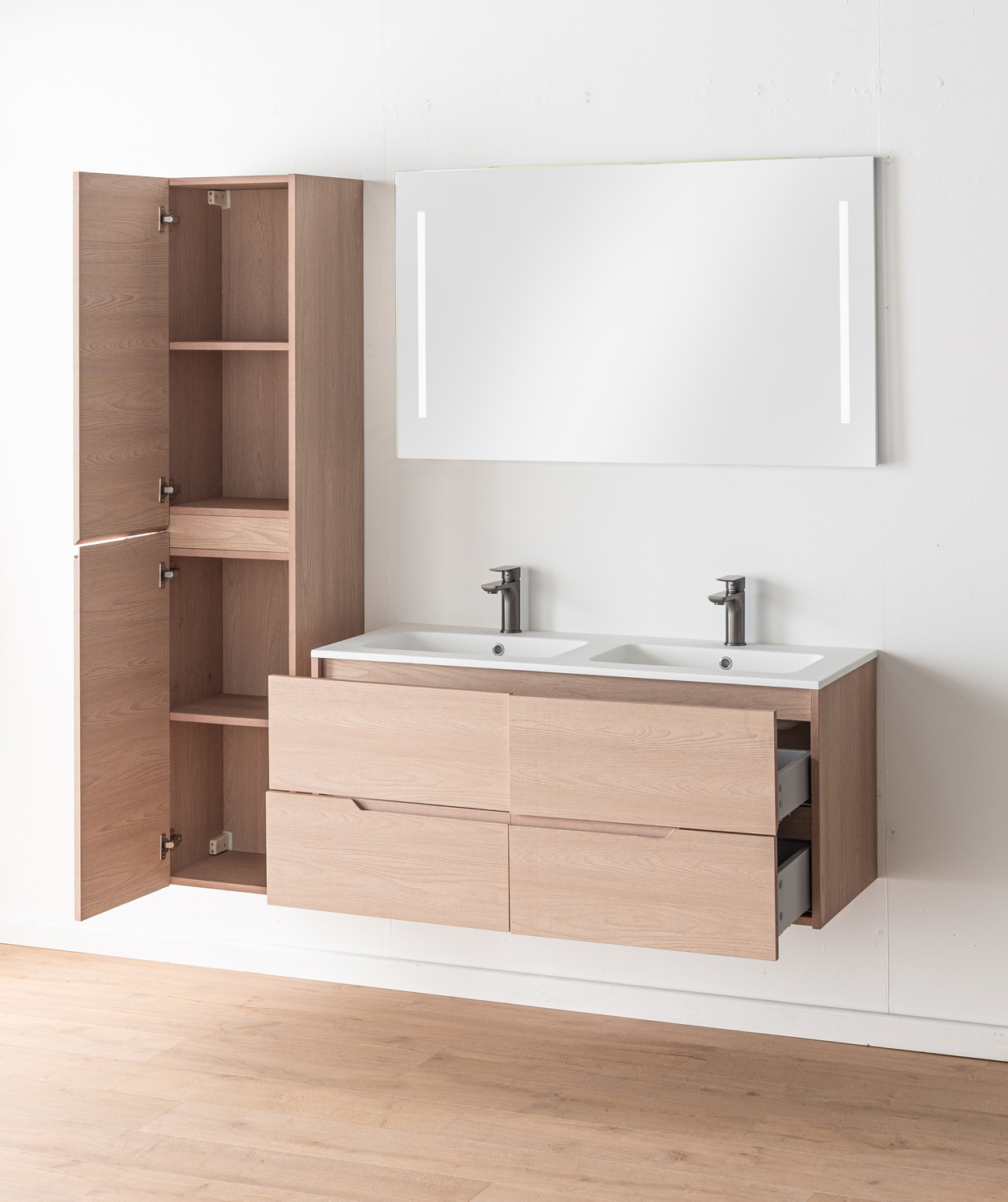 Meuble de salle de bains Tarik chêne Nordic suspendu avec double vasque blanc mat 120cm