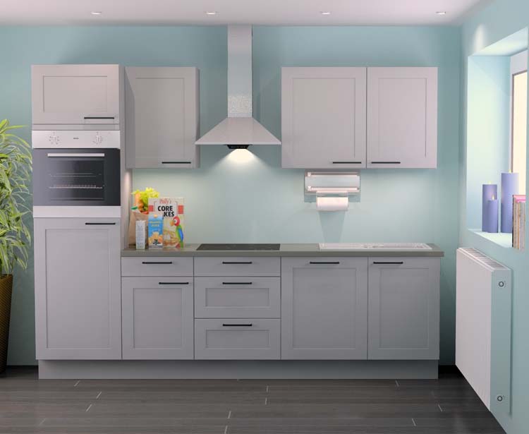 Keuken Premium 4A grijs 280cm - voorgemonteerd - met toestellen - vitrokeramische kookplaat en inox wanddampkap