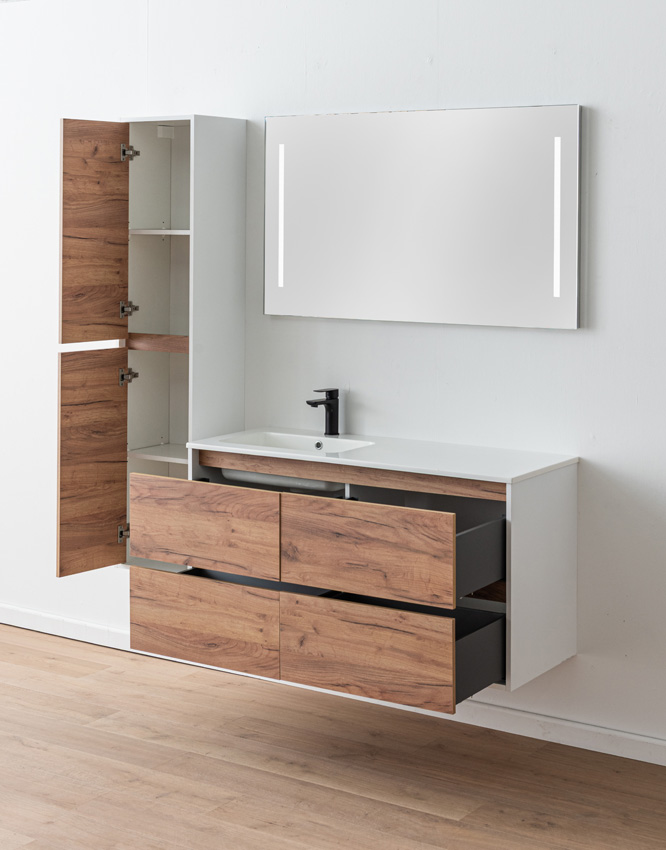 Badkamermeubel Treviso eik/wit met enkele wastafel glanzend wit 120cm