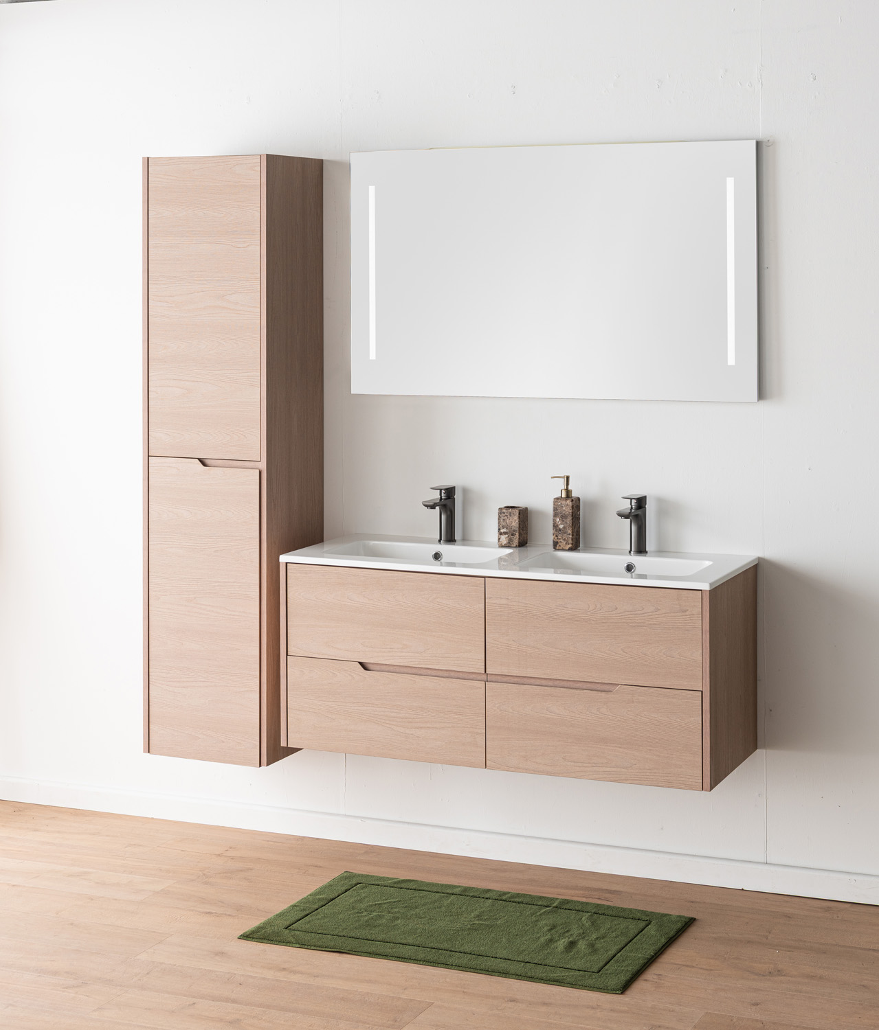 Meuble de salle de bains Tarik chêne Nordic suspendu avec double vasque blanc brillant 120cm