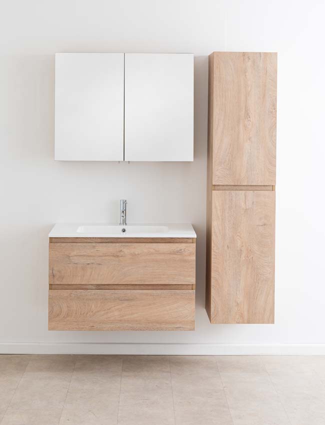 Meuble de salle de bain Tibo en chêne méditerranéen avec lavabo simple blanc brillant 90cm