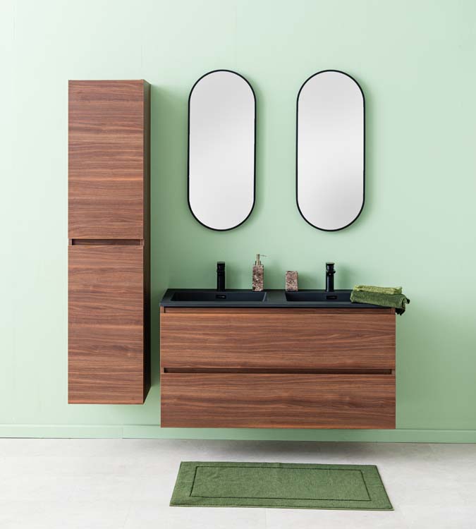 Meuble de salle de bains Dotan noyer suspendu avec lavabo double noir mat 120cm