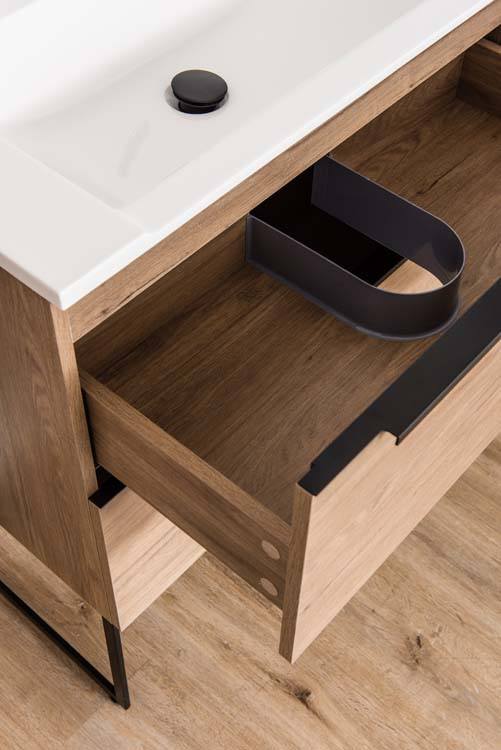 Badkamermeubel Mist houtlook staand met enkele wastafel glanzend wit 80cm