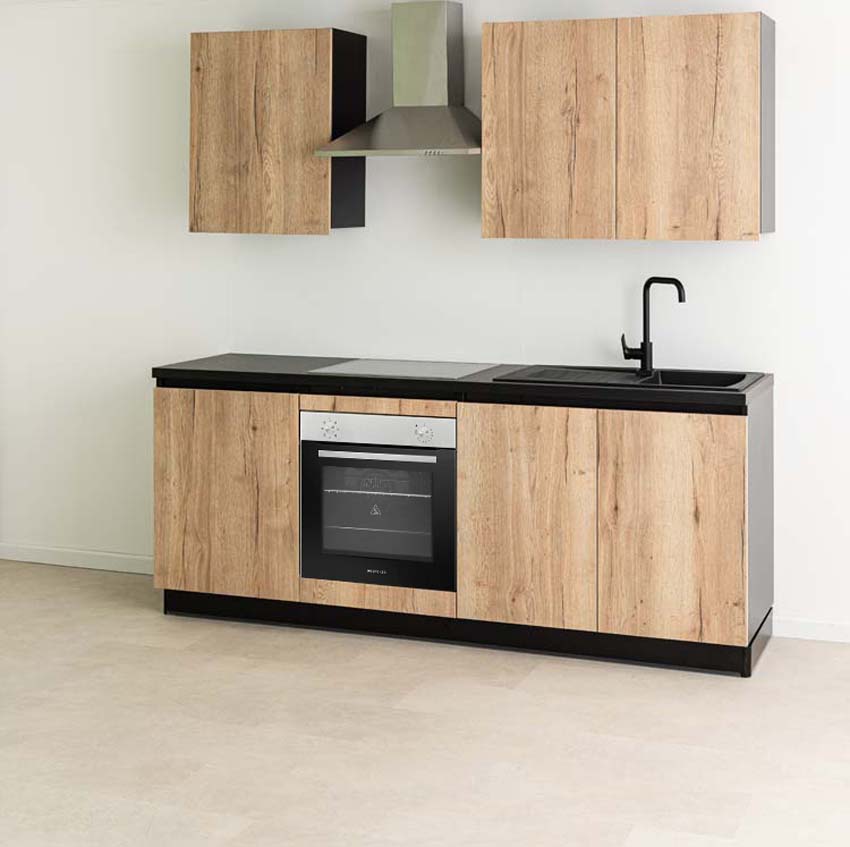 Keuken Plenti 220 cm - oven onder - met toestellen - zwart-houtlook