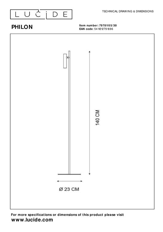 Lucide PHILON - Lampadaire - Ø 23 cm - LED Dim. - 4,5W 3000K - Noir