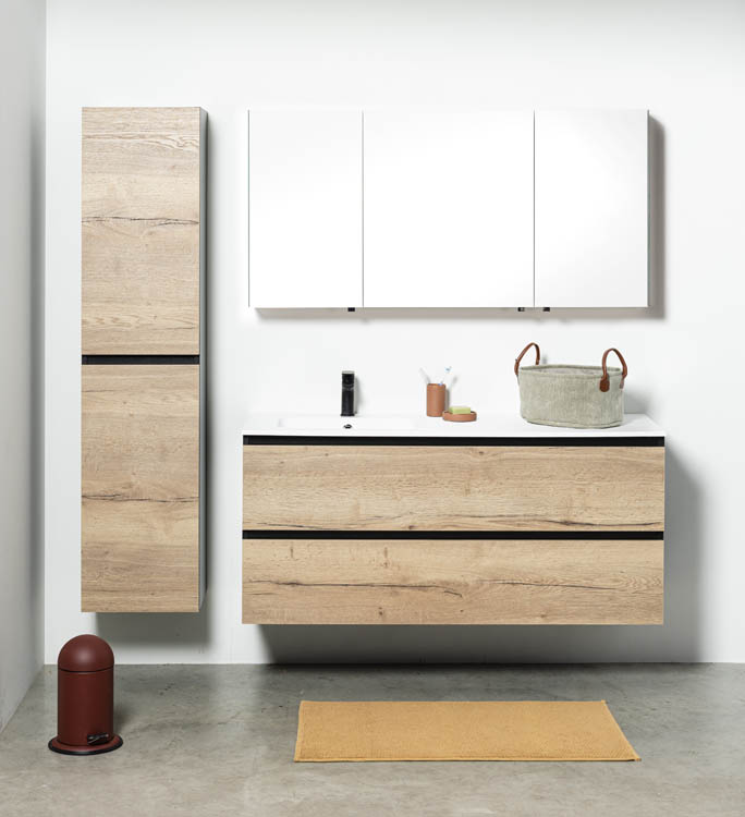 Badkamermeubel Dotan eik hangend met enkele wastafel links mat wit 140cm
