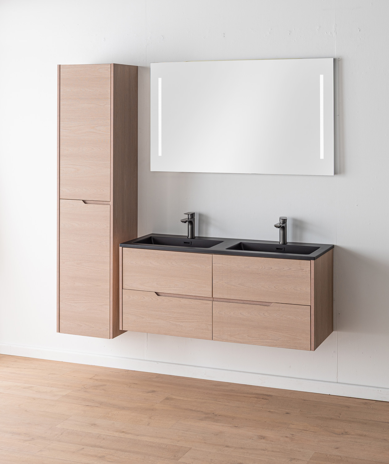 Meuble de salle de bains Tarik chêne Nordic suspendu avec double vasque noir mat 120cm