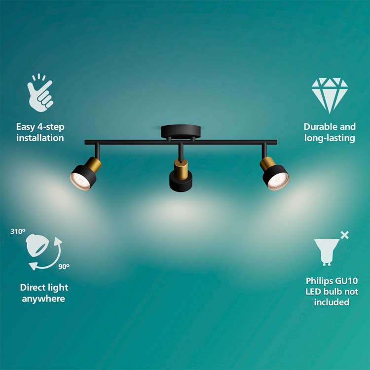 Opbouwspot - dimbaar - GU10 - 3x5W - excl lamp - zwart/goud