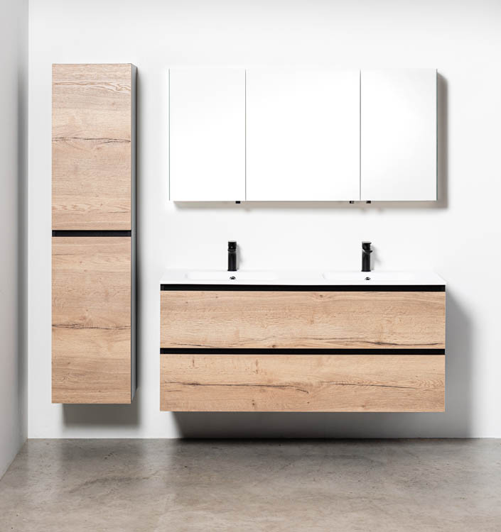 Meuble de salle de bain Dotan chêne/noir 1400 mm 2 lavabo mat