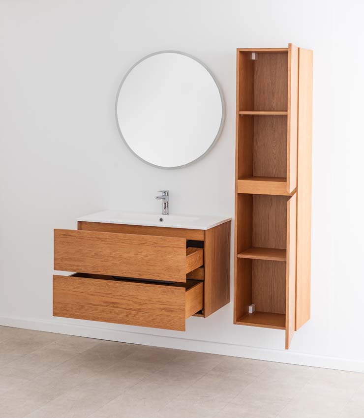 Badkamermeubel Fior eik hangend met enkele wastafel mat wit 90cm