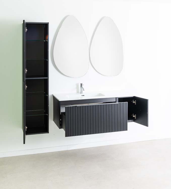 Meuble de salle de bains Sunday noir mat suspendu avec lavabo simple blanc brillant 120cm