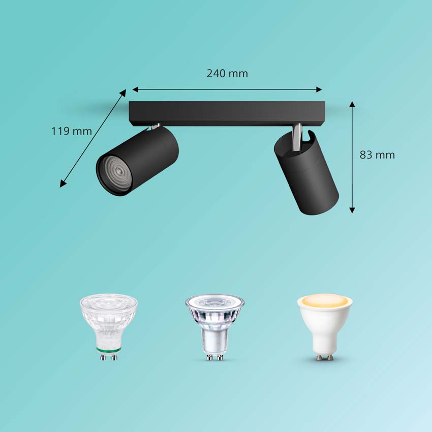 Spot plafond salle de bains noir 2 spots IP44