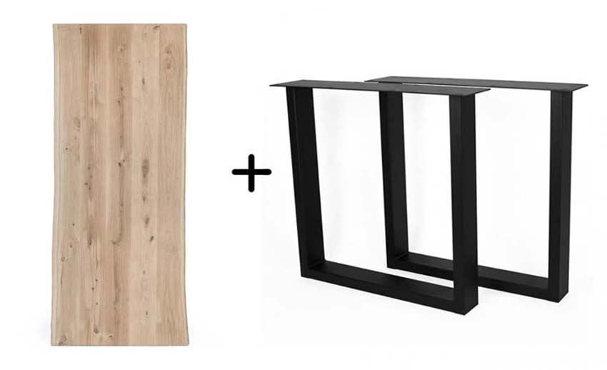 Tafel metaal/hout rechthoekig eik boomkant 260x100cm + onderstel U zwart