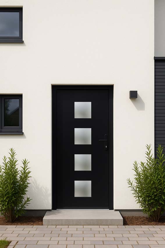 Porte extérieure 4 carrés PVC verre mat noir/blanc 980x2180mm ouvrant à droite Porte extérieure 4 carrés PVC verre mat noir/blanc 980x2180mm ouvrant à droite