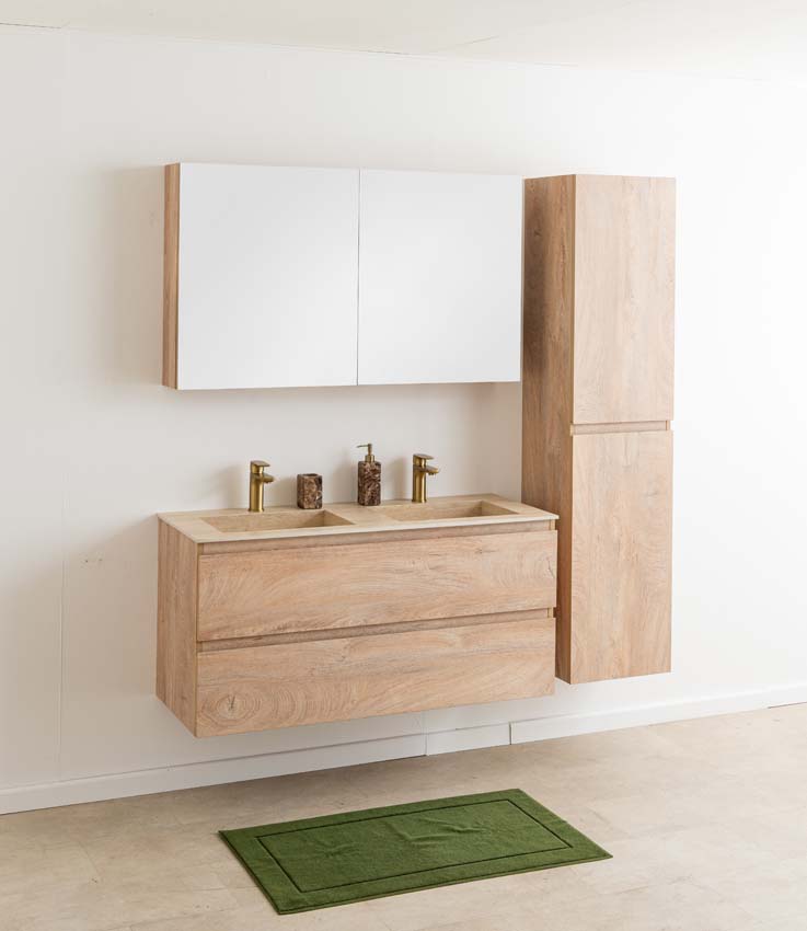 Meuble de salle de bain Tibo en chêne méditerranéen avec double lavabo aspect travertin 120cm