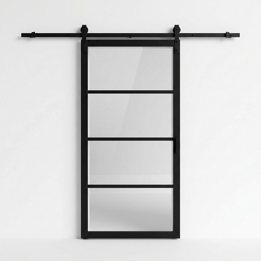 Complete enkele glazen schuifdeur Black steel look 4R 93x211,5cm + rail robust zwart
