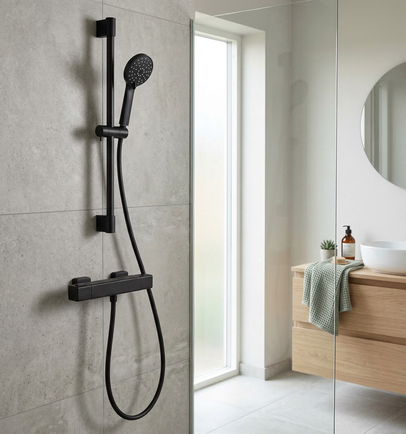 Douchekraan Sky Hazel met douchestang thermostatisch mat zwart