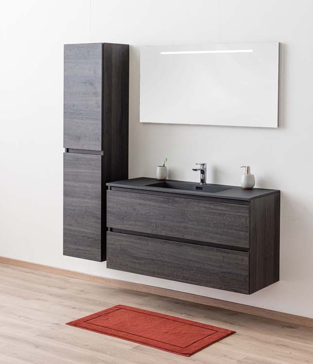 Meuble de salle de bains Dotan chêne foncé suspendu avec lavabo simple noir mat 120cm