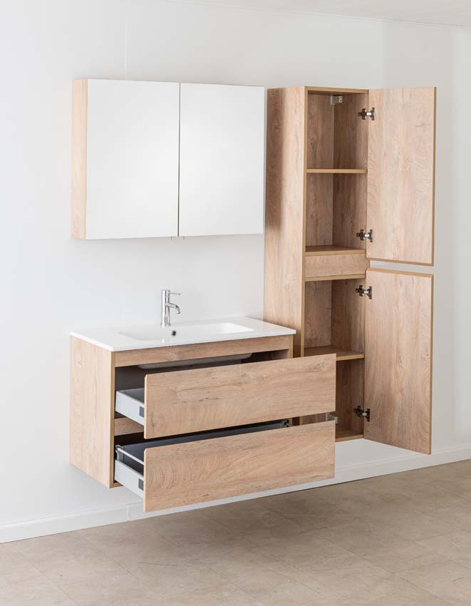 Meuble de salle de bain Tibo en chêne méditerranéen avec lavabo simple blanc brillant 90cm