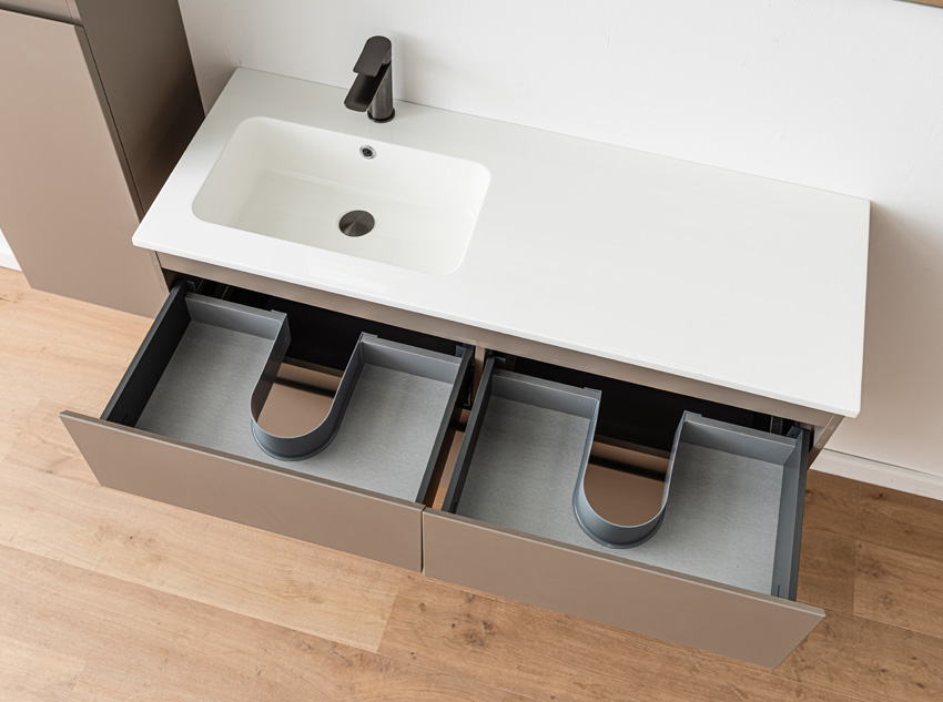 Badkamermeubel Trente taupe met enkele wastafel glanzend wit 120cm