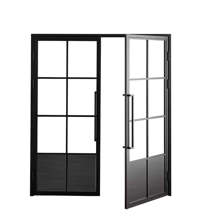 Porte intérieure en acier double Tara 6W verre + panneau ouvrant à gauche sur mesure