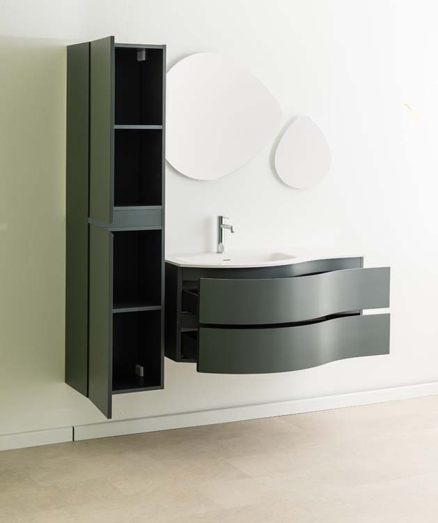 Meuble de salle de bains Aaron gris courbé avec lavabo simple blanc mat 110cm