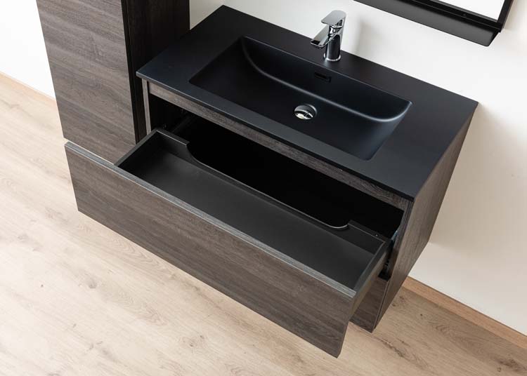 Badkamermeubel Dotan donkere eik hangend met enkele wastafel mat zwart 90cm