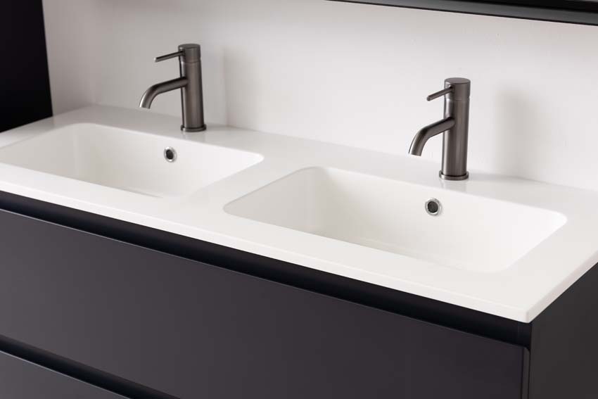 Meuble de salle de bains Tibo gris suspendu avec lavabo double blanc brillant 120cm Meuble de salle de bains Tibo gris suspendu avec lavabo double blanc brillant 120cm