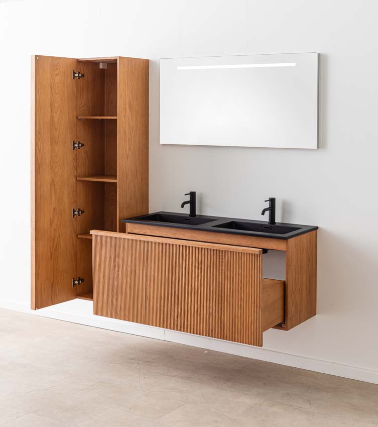 Badkamermeubel Fae eik hangend met dubbele wastafel mat zwart 120cm