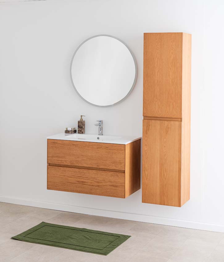 Badkamermeubel Fior eik hangend met enkele wastafel glanzend wit 90cm